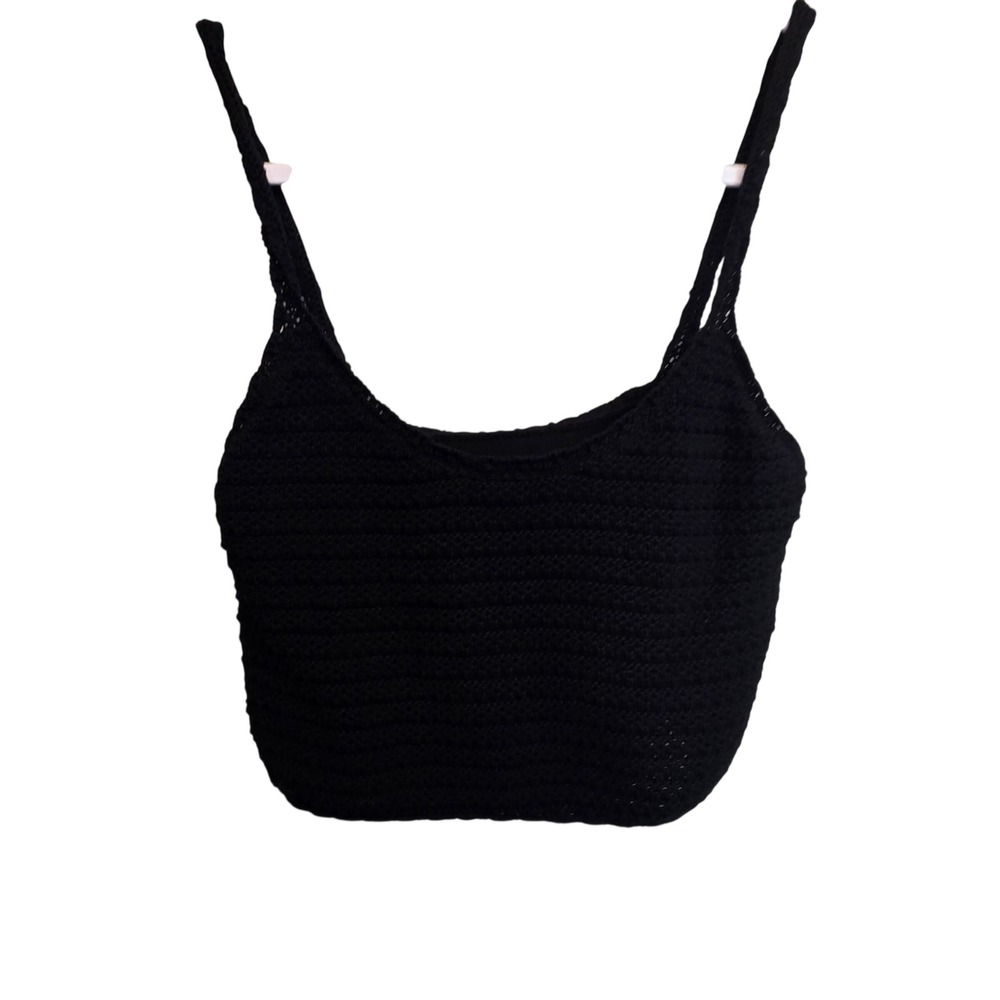 Aerie Crochet Tank Top Womens Small Black Knit Sleeveless Scoop Neck 00782‎